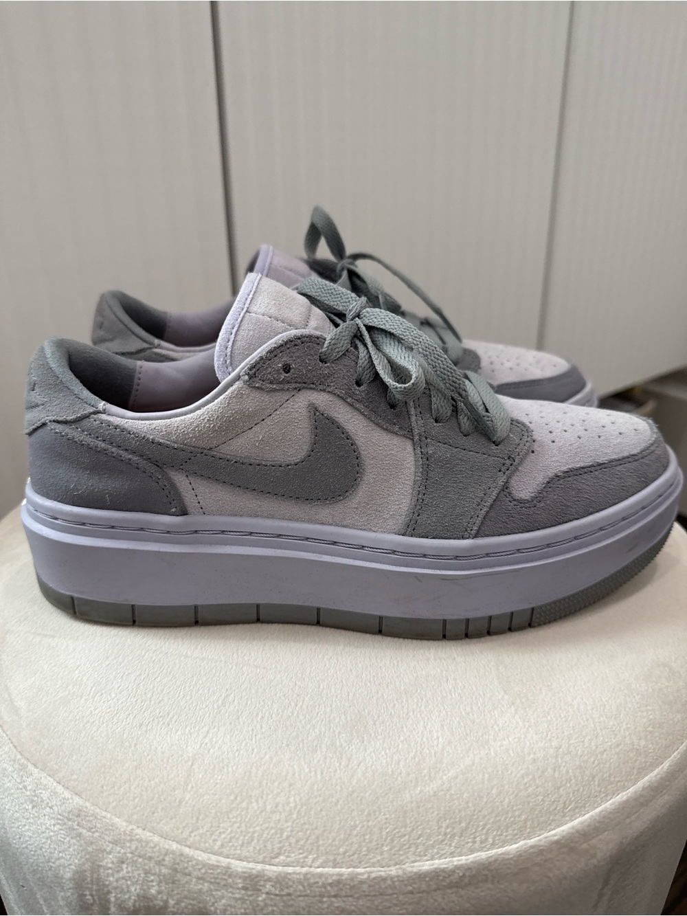 Nike Women's Low-Top Platform Jordan 1 Sneakers in Light Gray and Dove Gray